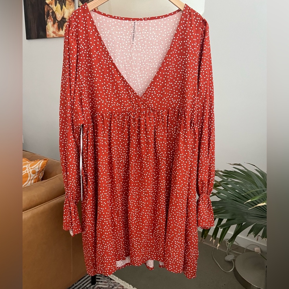 Beautiful Rust Polka V-Neck Mini Dress 2X - Picture 3 of 8